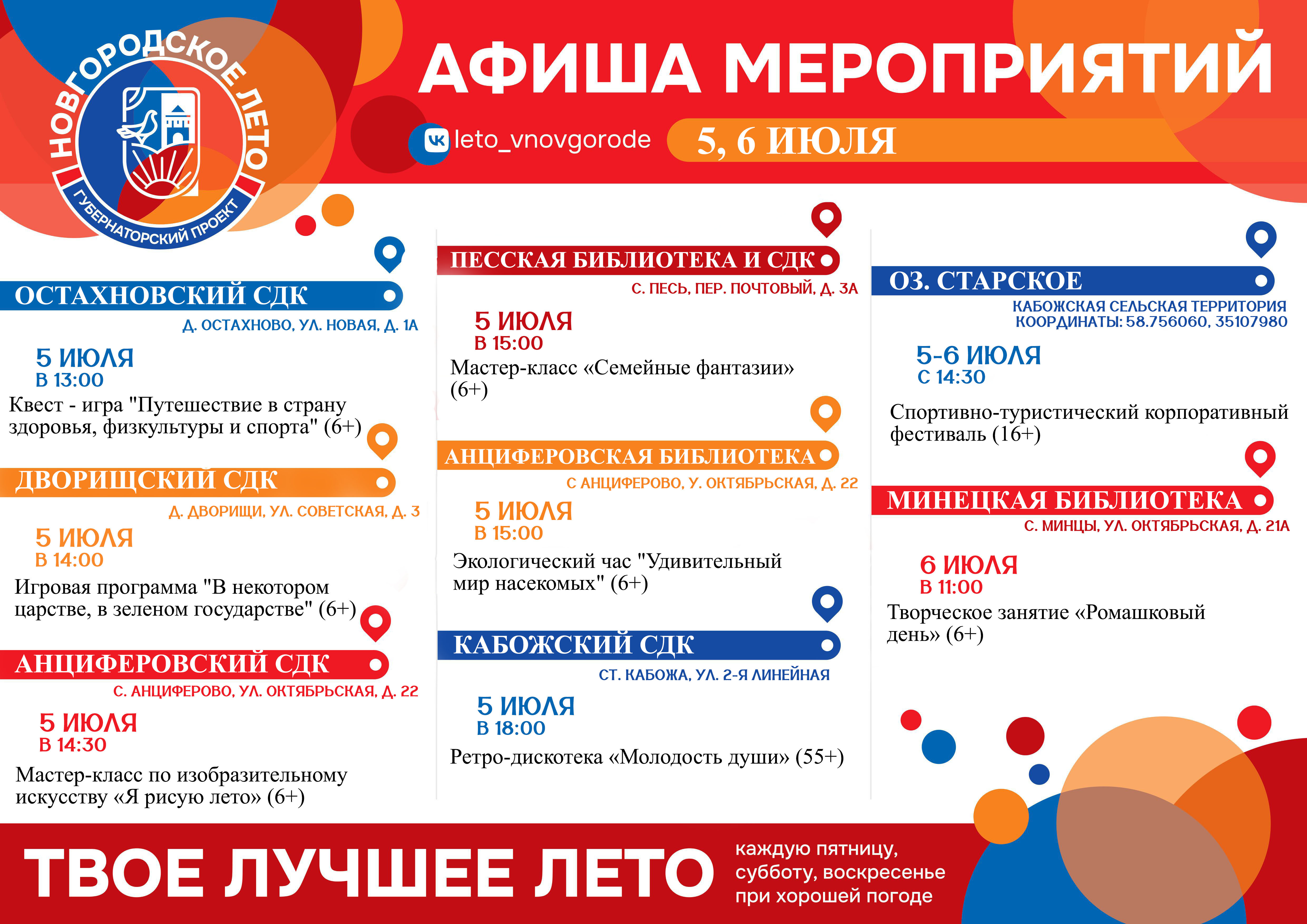 ❗Каждые выходные в учреждениях культуры и спорта проходят бесплатные мероприятия в рамках уличного фестиваля #Новгородское_Лето.