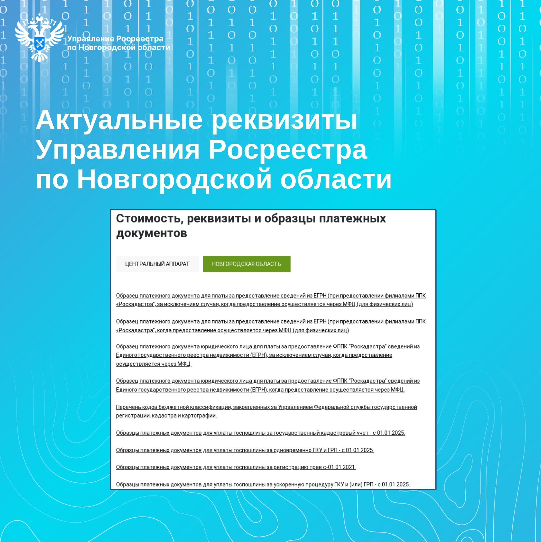 Актуальные реквизиты Управления Росреестра по Новгородской области.