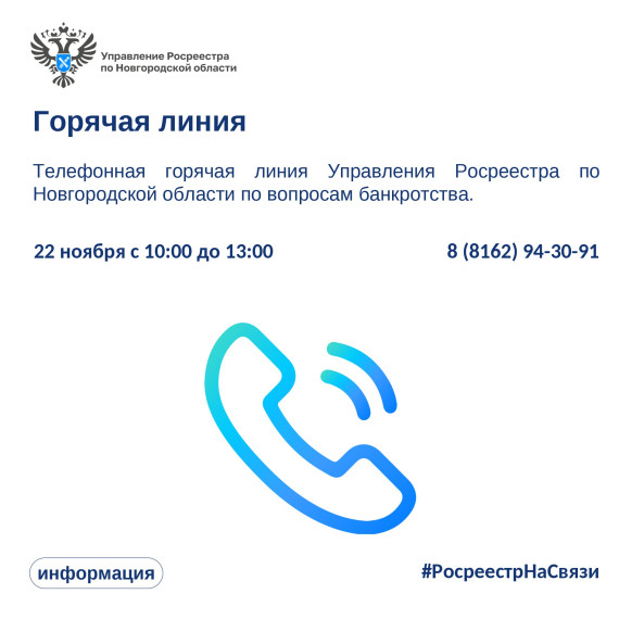 Управление Росреестра по Новгородской области проведет горячую линию по вопросам банкротства.. Управление Росреестра по Новгородской области проведет горячую линию по вопросам банкротства..